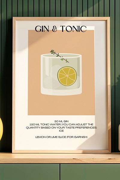 HİGUERA Gin & Tonic Cocktail BAR cu fundal bej Tablou de perete de bucătărie cu cadru din lemn natural