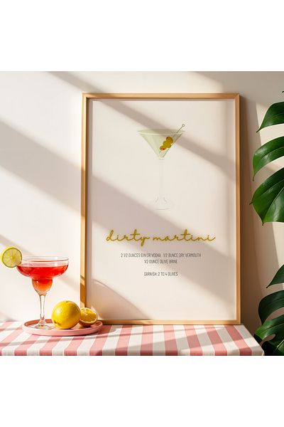 HİGUERA Dirty Martini Cocktail BAR Tablou de perete de bucătărie cu cadru din lemn natural
