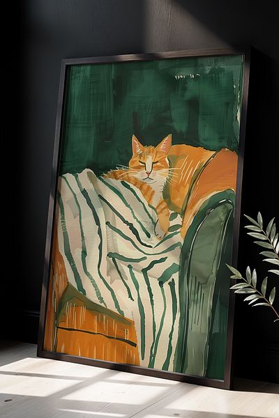 HİGUERA Pictură de perete cu cadru din lemn natural de pisică în odihnă în ton verde minimalist