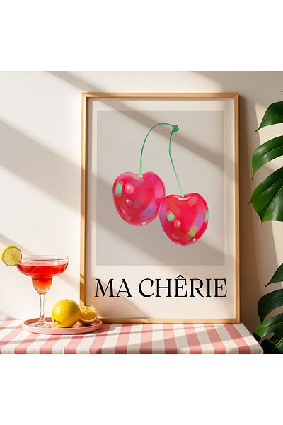 HİGUERA Ma Cherie Cherry Ilustrat BAR Tablou de perete de bucătărie cu rame din lemn natural