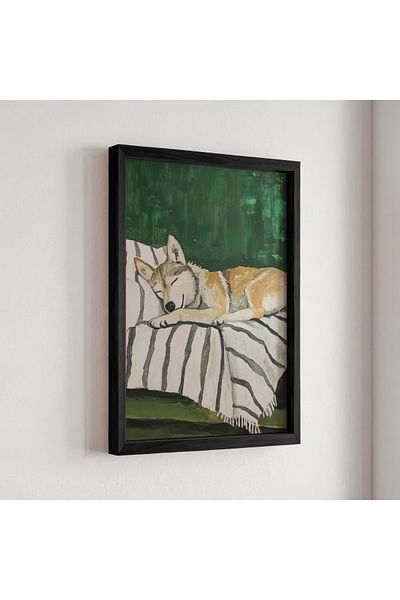 HİGUERA Wolf Dog Sleep Peace Pictură de perete cu cadru din lemn natural – Artă naturală la atingere