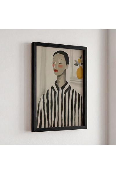 HİGUERA Figura estetică a femeii în dungi alb-negru în stil modern, pictură în cadru din lemn natural