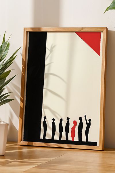HİGUERA Figurine umane Set de pictură murală cu rame din lemn natural dublu abstract roșu