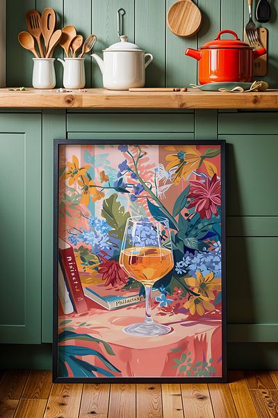HİGUERA Flori Carte și Vin BAR Tablou de perete de bucătărie cu cadru din lemn natural