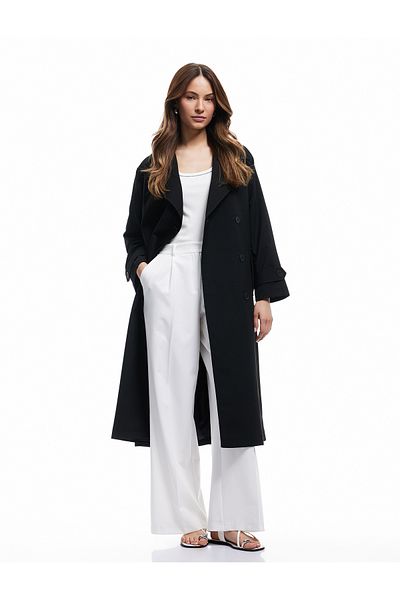 Koton Lined Pocket Belted Long Double Breasted Gabardine Trench Coat