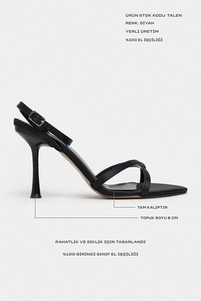 NİŞANTAŞI SHOES Pantofi de damă cu toc subțire Talen din satin negru cu detaliu de centură la gleznă