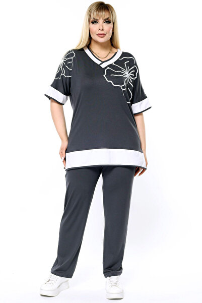 Kheos V-Neck Short Bat Sleeve Flower Stone Embroidered Slit Blouse Waist Lace-Up Elastic Pocket Pants Set