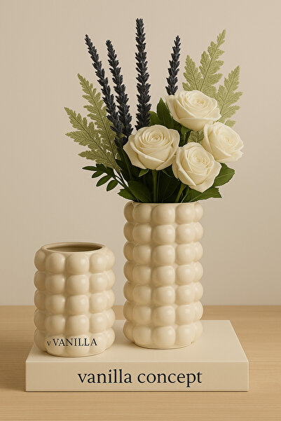 v Vanilla Concept El Yapımı Baloncuklu Beton Vazo Seti 2'li - Modern Dekoratif Bubble Vazo | v Vanilla Concept