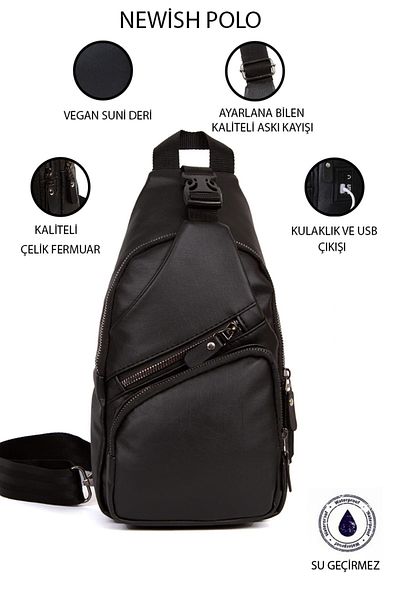 Newish Unisex Washing Leather, Cross Strap Waist Shoulder Bag with USB Headphone Output, Black Color