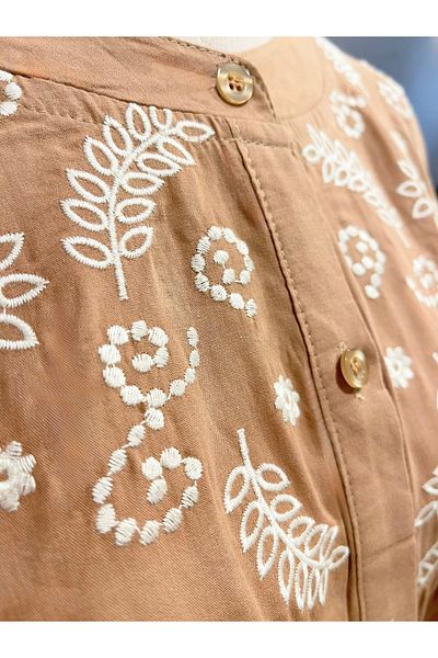 SOLOBUY Cotton Dress With Contrast Embroidery, Buttons, Belt And Pockets
