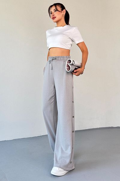 Cappmoda 7003 Modal Painting Gray Snap Fastener Modal Fabric Waist Elastic Palazzo Tracksuit