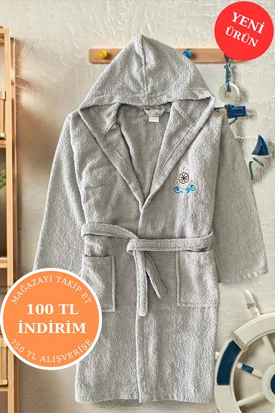 HERA Hooded Cotton Young Children's Bathrobe - 13-18 Years Unisex |   Gray - Rudder Embroidered