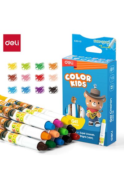 Deli EC211-12 Gel Crayons Water-Soluble, 12 Colors – ideal for kids’ creative drawing