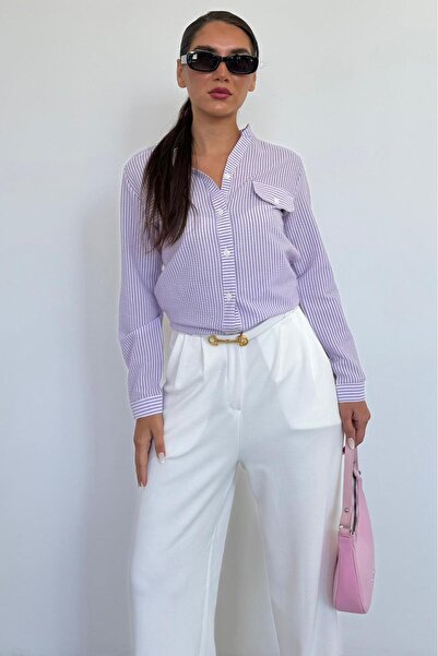 Madmext Mor Çizgili Gofre Kumaş Kadın Oversize Gömlek MG1666