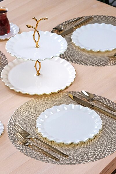 Glore Solid Cream Wavy Gold Gilded Glass Cake Plate Set for 6 People