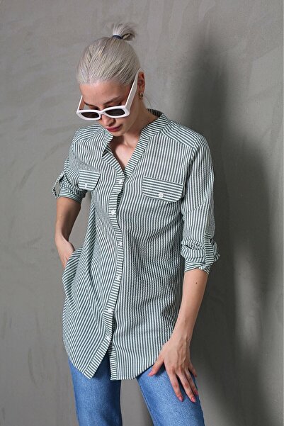 Madmext Yeşil Çizgili Gofre Kumaş Kadın Oversize Gömlek MG1666