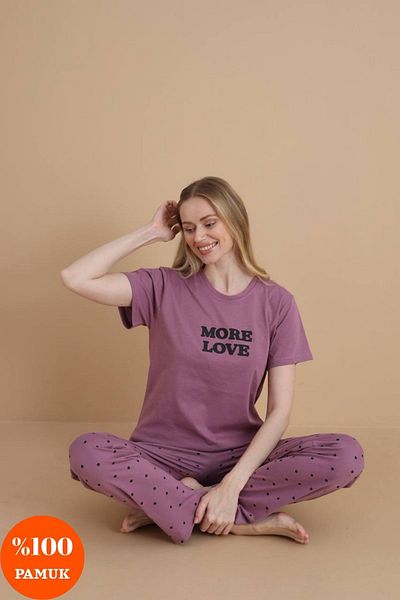 shopshop Women's Lilac Printed 100% Cotton Short Sleeve Pocket Summer Pajama Set