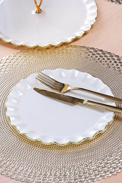 Glore Solid Cream Wavy Gold Gilded Glass Cake Plate Set for 6 People