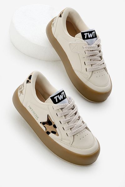 Tonny Black Pantofi sport pentru copii, unisex, bej, leopard, cu talpă termică, cu șireturi și velcro
