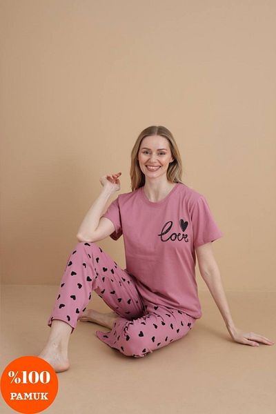 shopshop Women's Dusty Rose Love Heart Printed 100% Cotton Short Sleeve Pocket Summer Pajama Set
