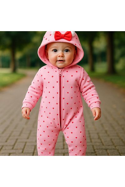 COŞAY BEBE Luvvera Baby Girl Hooded Jumpsuit - Heart Pattern & Bow Design