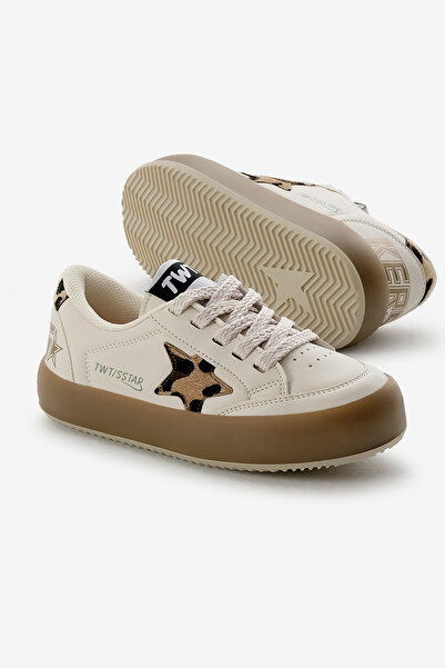 Tonny Black Çocuk Unisex Bej Leopar Termo Taban Yıldız Detaylı Bağcıklı ve Cırtlı Spor Ayakkabı