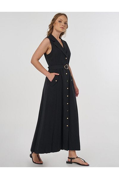 Kayra Viscose Linen Dress Black