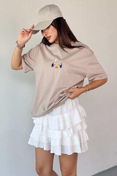 Cappmoda T-910 Stone Color Fire Embroidered Short Sleeve Loose Cotton T-Shirt