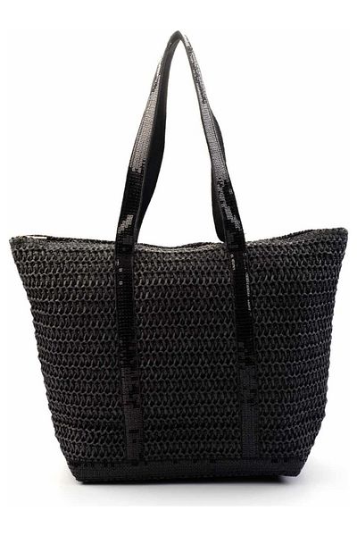 FASHION COCKTAIL Ορθογώνια διχτυωτή παγιέτα Holiday Beach Straw Bag - με λουράκι και τσέπη