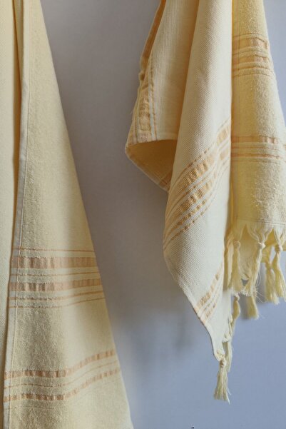 Sevim Σετ πετσετών μαλλιών Peshtemal από 100% βαμβάκι-Σετ πετσετών παραλίας-Κίτρινο