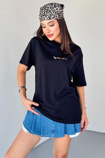 Cappmoda T-913 Black Duck Embroidered Short Sleeve Cotton T-Shirt