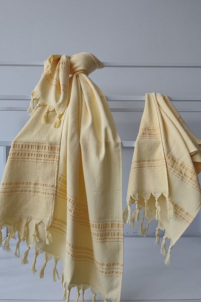 Sevim 100% Cotton Peshtemal Hair Towel Set-Beach Towel Set-Yellow