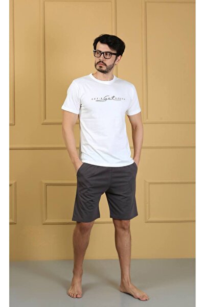 shopshop Men's White Printed 100% Cotton Short Sleeve Shorts Pocket Summer Pajama Set