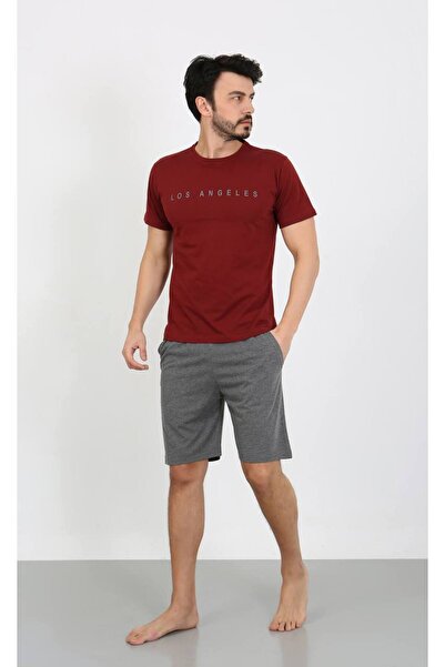 shopshop Men's Burgundy Printed 100% Cotton Short Sleeve Shorts Pocket Summer Pajama Set