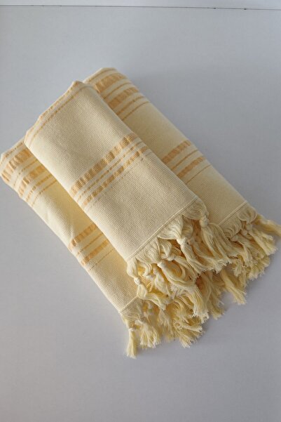 Sevim Σετ πετσετών μαλλιών Peshtemal από 100% βαμβάκι-Σετ πετσετών παραλίας-Κίτρινο