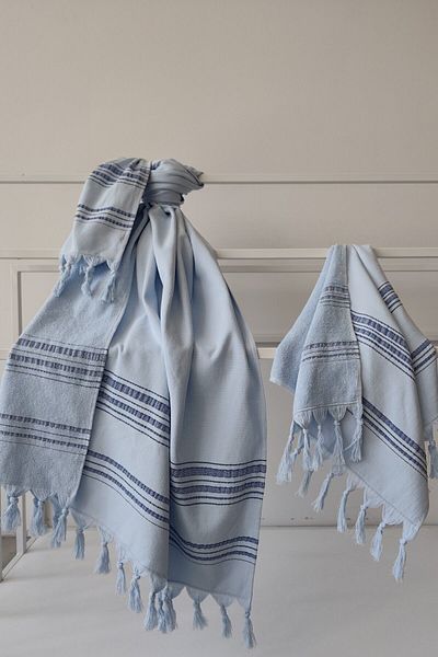 Sevim 100% Cotton Peshtemal Head Towel Set-Lightweight Beach Towels-Blue
