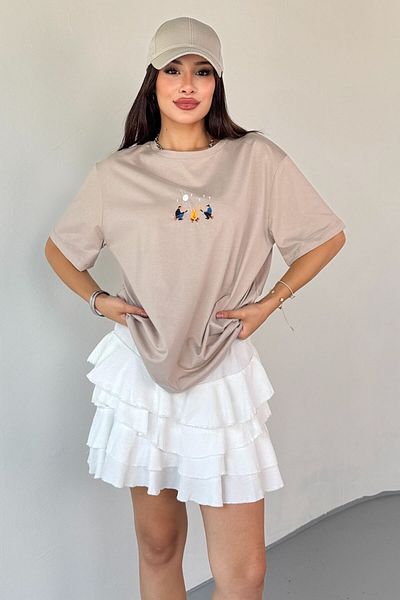 Cappmoda T-910 Stone Color Fire Embroidered Short Sleeve Loose Cotton T-Shirt