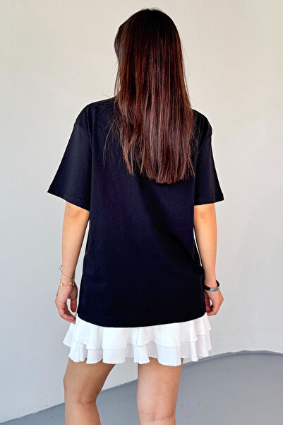 Cappmoda T-910 Black Fire Embroidered Short Sleeve Loose Cotton T-Shirt