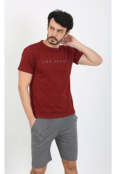 shopshop Men's Burgundy Printed 100% Cotton Short Sleeve Shorts Pocket Summer Pajama Set