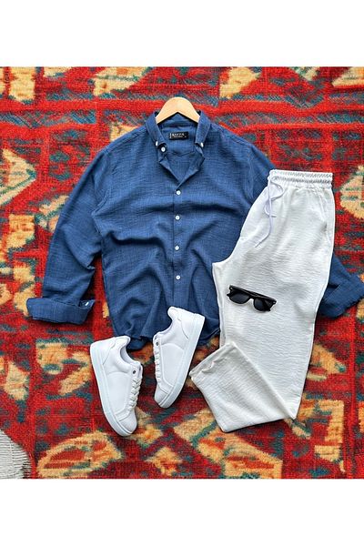 tiggirmoda Men's Crinkle Linen Shirt Pants Set