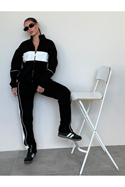 Madmext Siyah Dik Yaka Fermuarlı Şeritli Eşofman Takımı MG2216