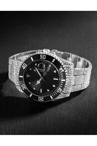 ÇENÇEN Taşlı Gümüş Kordon Siyah Kadran Iced Submariner Case Watch