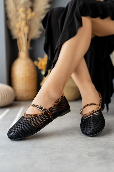 İncimoda Leona Black Leopard Patterned Buckle Mesh Ballerina Orthopedic Memory Flex Memory Sole