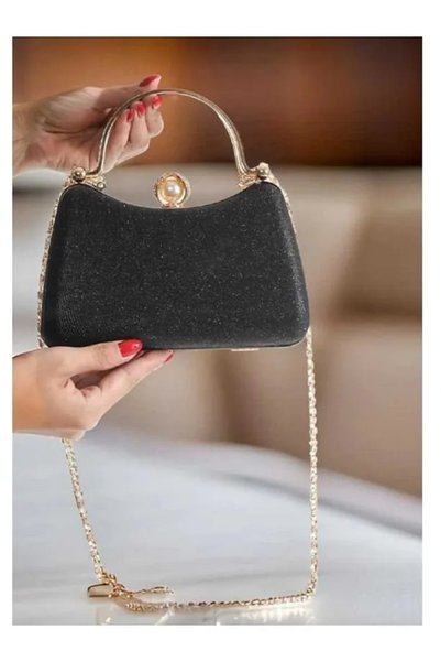 GUİZA Evening Dress Bag Special Design Imported Glitter Fabric Case Evening Dress Bag with Crystal Stones Chain and Handle