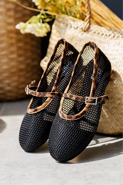 İncimoda Leona Black Leopard Patterned Buckle Mesh Ballerina Orthopedic Memory Flex Memory Sole