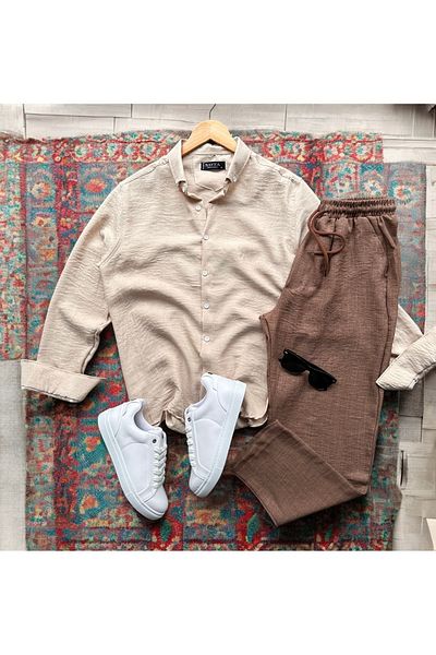 tiggirmoda بدلة قميص وبنطلون من الكتان المجعد للرجال