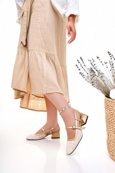 bulutmod Ba04584 Gold Ten Women's Belt Elastic Square Toe 3 cm Heeled Shoes - 39