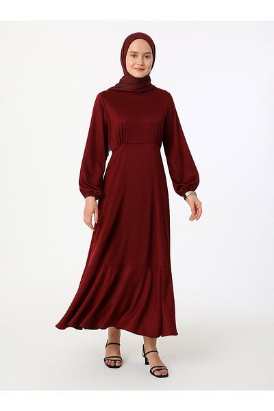 Refka Rochie Hijab din Satin cu Detaliu Volan - Roșu Inchis - Refka