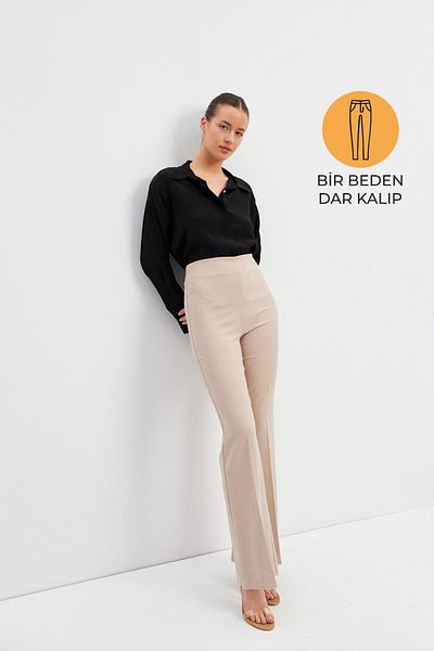 Setre Dark Beige Slim Fit Wide Leg Trousers