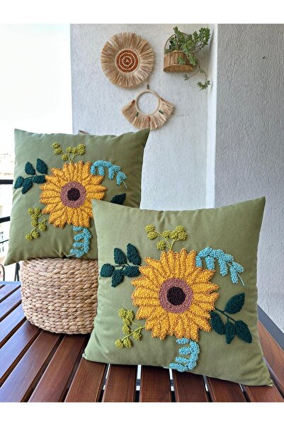 Punch Green Color Panch Sunflower Set of 2 - 100% Handmade Throw Pillow Cover